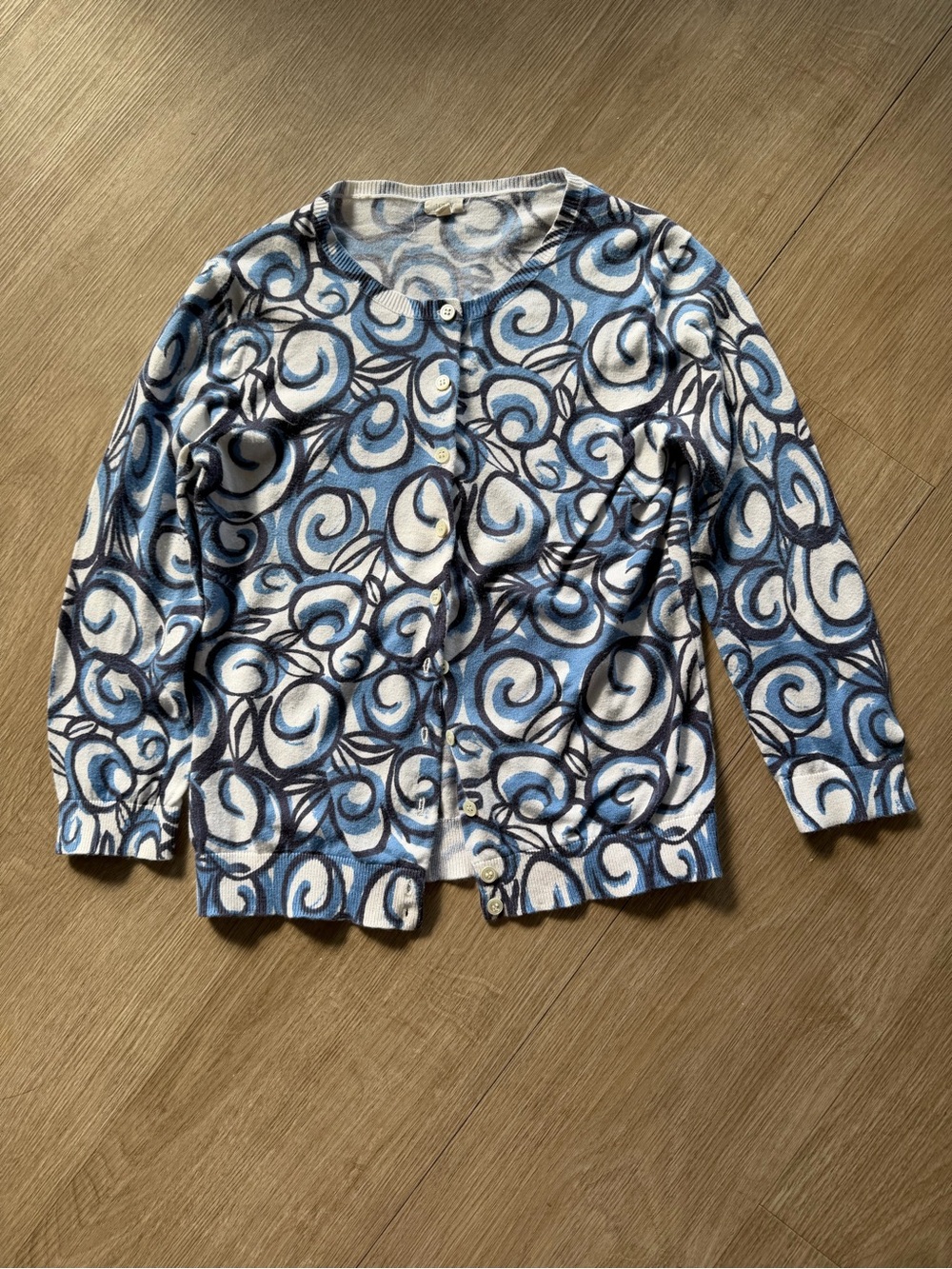 J. Crew Blue and White Swirl Print Cardigan